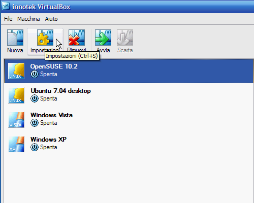 Fig. 1 - VirtualBox 1.5 - Pulsante impostazioni macchina virtuale