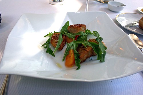 Crispy Sweetbreads and Fragrant Pickled Peach, Wild Arugula, and Pink Peppercorn