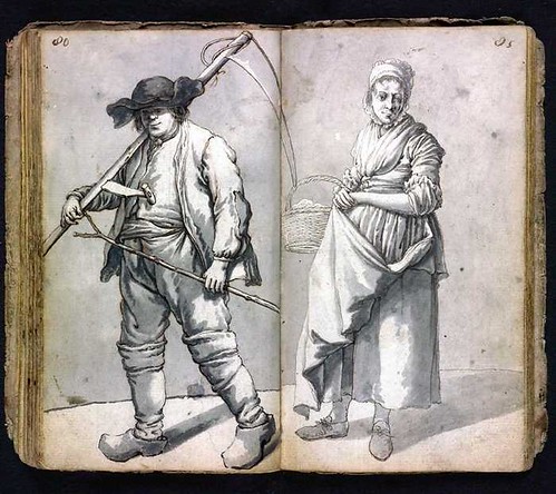 woman with basket + man carrying scythe