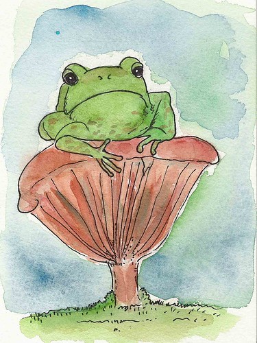 Frog sitting on mushroom