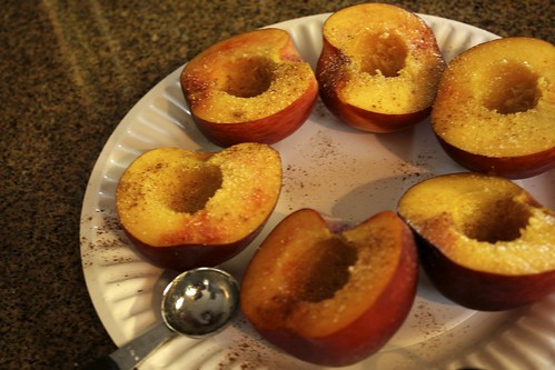 prepping peaches for grilling