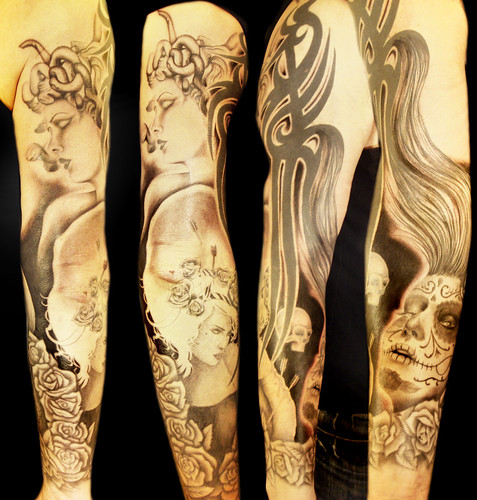 Sylvia Ji sleeve tattoo in progress Miguel Angel Custom Tattoo Artist