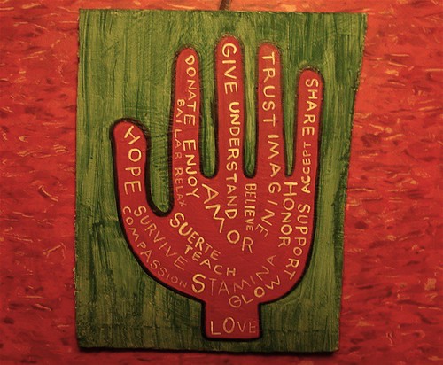 Painted Hand #46 on Recycled Wood - Hope, Survive, Trust, Love