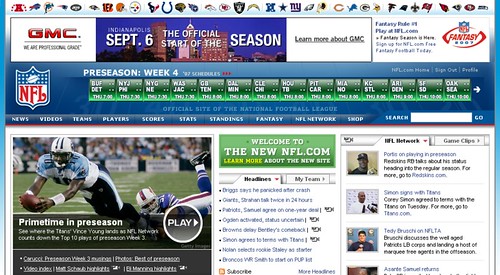 NFL.com Front Page Screenshot - 8/29/07