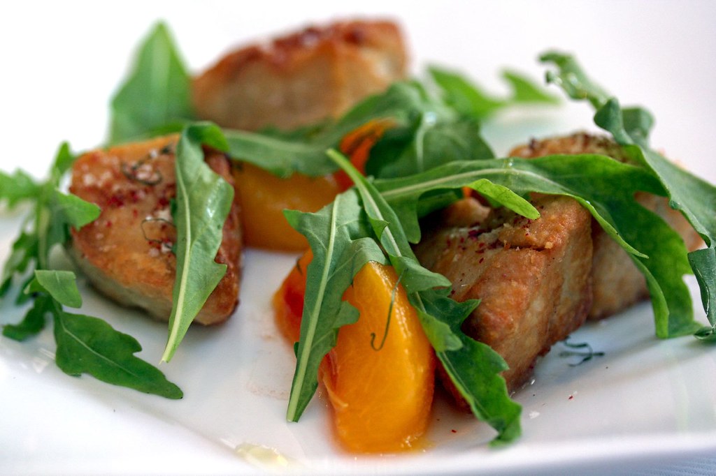Macro of Crispy Sweetbreads and Fragrant Pickled Peach, Wild Arugula, and Pink Peppercorn
