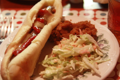 Hot Dogs, beans, coleslaw