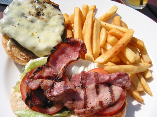 bacon cheese burger with fries