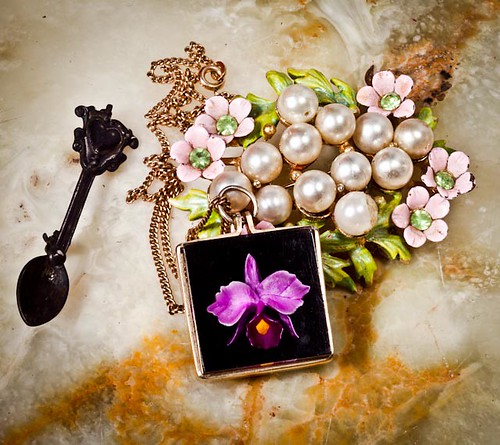 orchid, brooch, spoon