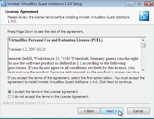 Fig. 4 - installazione VirtualBox Guest Addition in Windows Vista - accettazione licenza