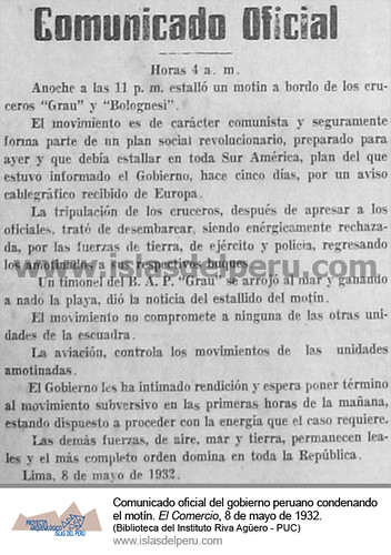 Comunicado oficial del gobierno peruano condenando el motín. El Comercio, edición del 8 de mayo de 1932
