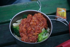 Marinara with TVP on broccoli and pasta