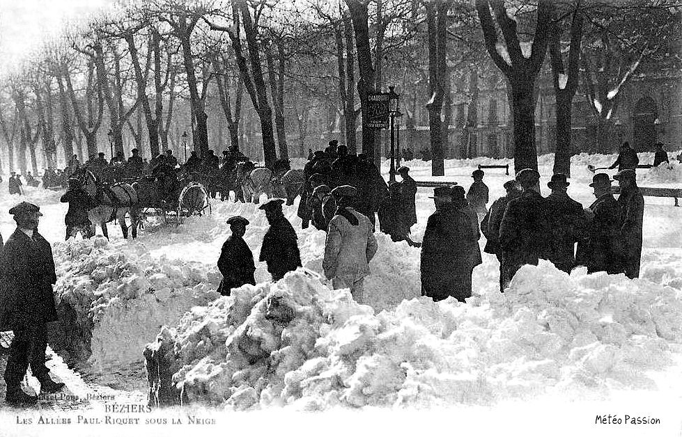 allées Paul Riquet à Béziers ensevelies sous la neige en janvier 1914