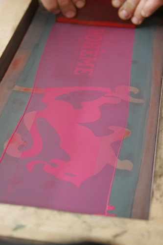 Silk screen printing the graphics on a pair of Boheme skis