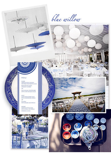Blue and white umbreallas suspended from the ceiling via Martha stewart 