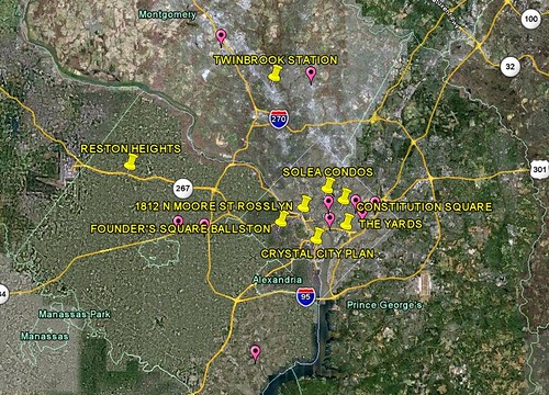 location of LEED-ND projects in DC metro area (image via Google Earth, markings by me)
