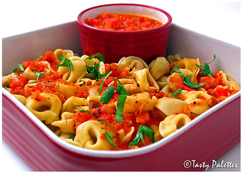 Roasted Red Pepper Sauce over Tortellini