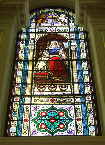 Stained glass window featuring Queen Victoria, JSchool visit to Parliament of Queensland, Brisbane, Queensland, Australia, 100511