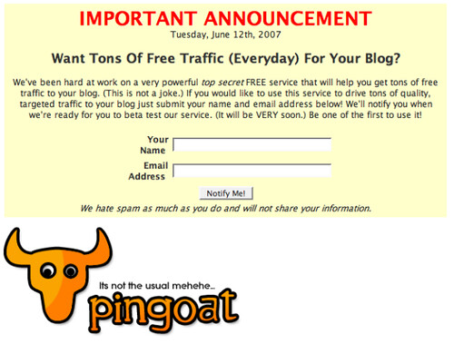 An announcement on the pingoat.com site informs us of a 