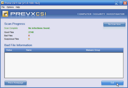 Fig. 6 - Prevx CSI - Controllo malware terminato