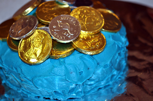 Blue cake with choc coins