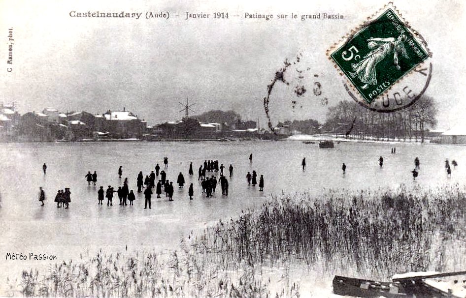 patinage sur le bassin gelé du canal du Midi à Castelnaudary en janvier 1914