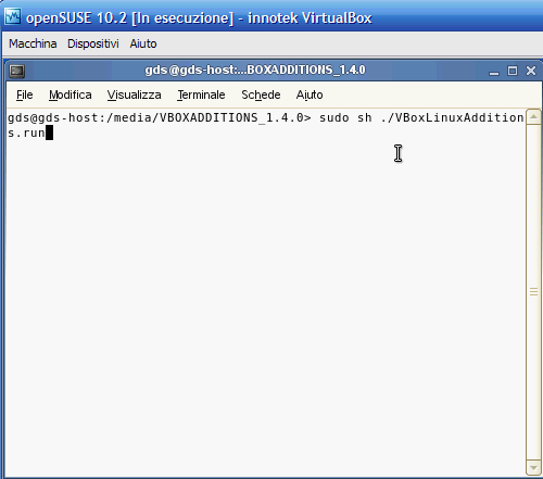 VirtualBox - Guest Additions - SUSE: comando di installazione Guest Additions