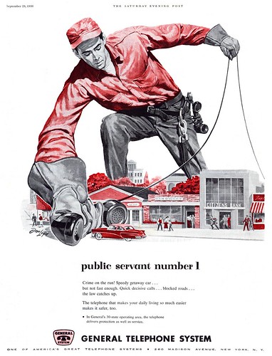  a series of magazine ads featuring a GIANT telephone repair man