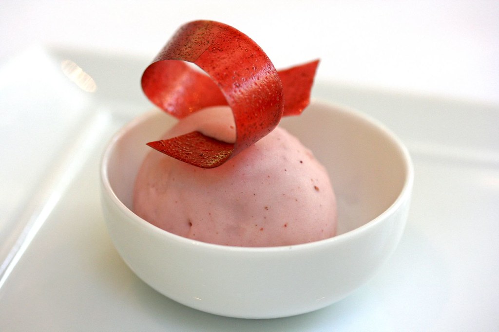 Strawberry Ice Cream topped with Lavender Fruit Leather