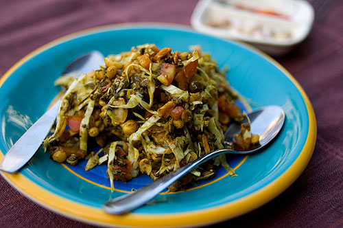 Lephet thoke, Burmese tea leaf salad, at a restaurant in Mae Sot, Tak
