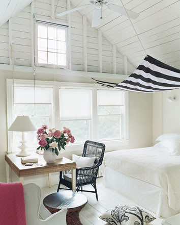 White bedroom + striped canopy