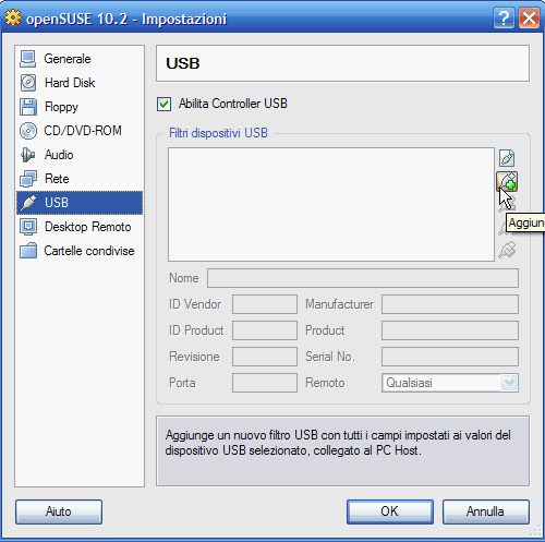 VirtualBox - abilitazione USB e pulsante 'Aggiungi' di dispositivi USB