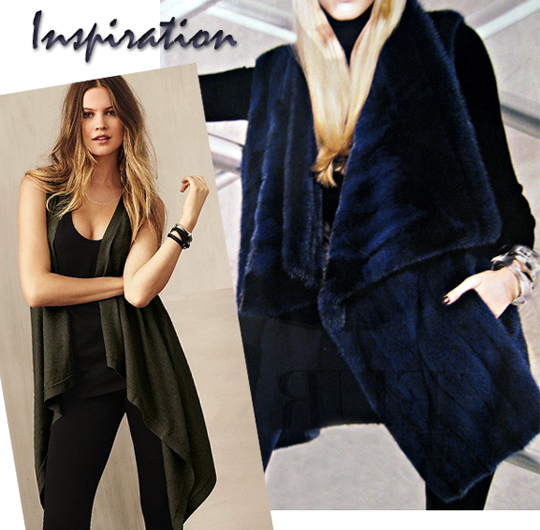 Asymmetrical Faux Fur Vest DIY - inspiration + Michael Kors navy blue fur vest + victoria's secret knit asymmetrical vest