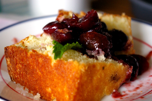 Lemon pound cake with cherry compote