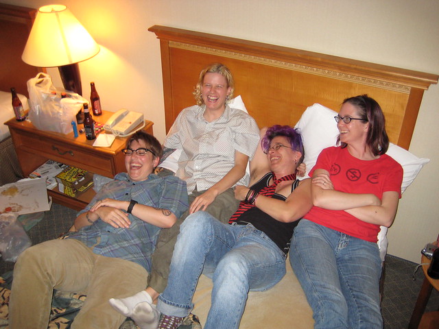Four of the coolest women onlinein bed. Annalee Newitz, Barb Dybwad, 