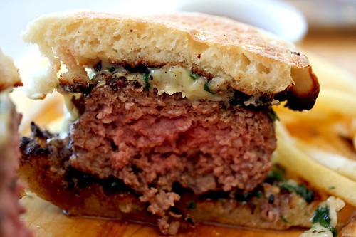 Innards of Grilled Hamburger On English Muffin