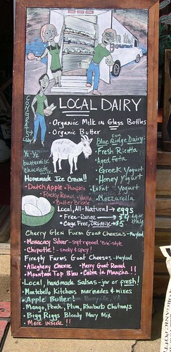 A sign inside the Maple Avenue Market in Vienna, Virginia promotes locally produced dairy products and other foods. Courtesy Gary Jeter. 
