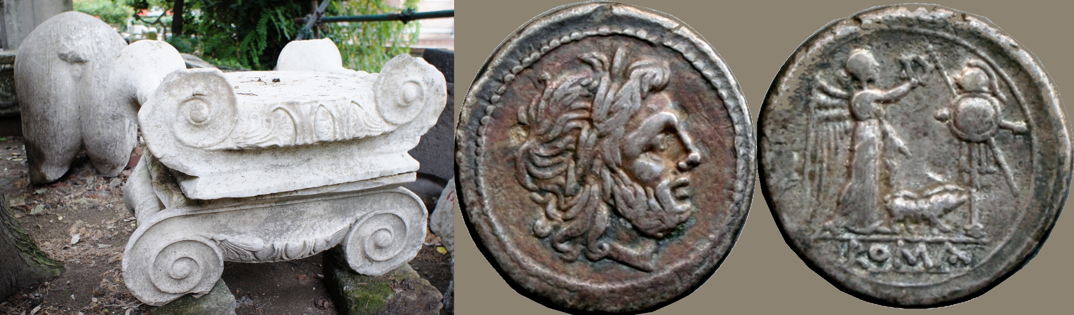 121/1 coin of 210BC with Jupiter, Victory, Trophy and Pig. beside Ionic capitals and a Pig's rear-end, discarded marble fragments at Puteoli amphitheatre