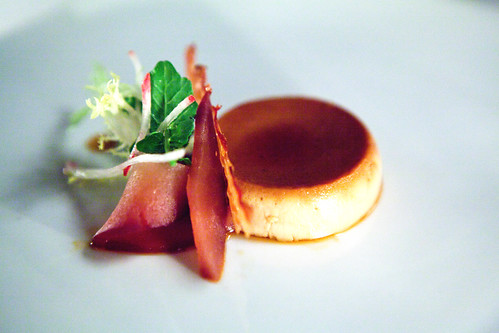 Chicken liver crème caramel with Niman Ranch bacon, microgreens and plum