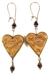 Victorian Christmas Earrings Burnished Gold Hearts with Garnet Swarovski Crystals
