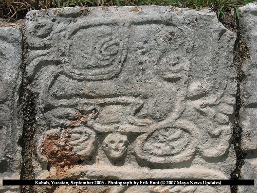 Kabah, Yucatan, Mexico - Glyph spelling K'awil (K'AWIL-wi-la) on Hieroglyphic Platform