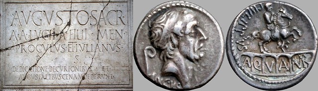 58BC 425/1 coin of Ancus Marcius with Aqua Marcia, statue and inscribed plaque, beside an inscribed commemorative plaque for the College of Augustales, Herculaneum