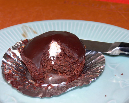 Vegan creme-filled devil's food cupcake