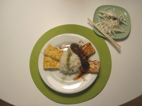 tofu steaks with ginger-garlic sauce, rice with matcha salt, daikon salad