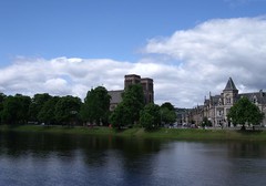 St Andrews Cathedral - and Ness Walk - looking across the River Ness from Ness Bank - Inverness Scotland