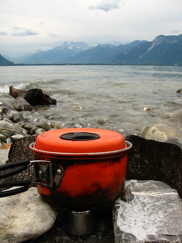 Red Bull can stove going strong on the shores of Lake Geneva, Switzerland