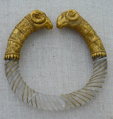 Bracelet of rock crystal with gold rams heads Greek part of the Ganymede Jewelry collection 330-300 BCE