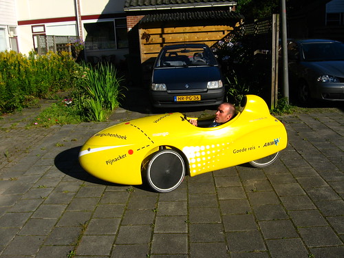 Rob trying out Bram's velomobile in Bergschenhoek, The Netherlands