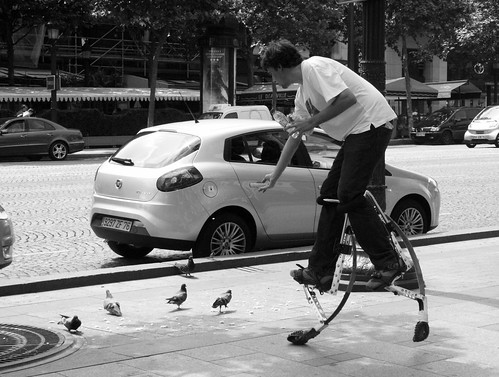 Giving food to pigeons on the stilts on the champs Ã©lysÃ©s