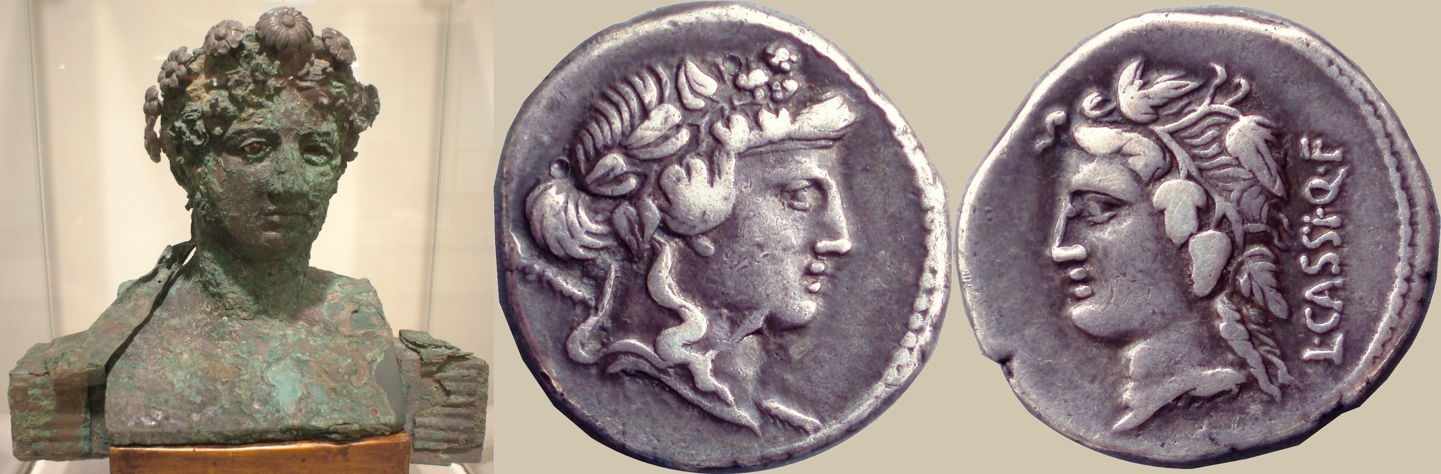 386/1 coin of Lucius Cassius with Bacchus and Libera 78BC, with terminal bust of Bacchus from a vineyard estate in Boscoreale near Pompeii