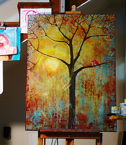 Studio view of painting"Love Birds in a Tree" is one of four new paintings 